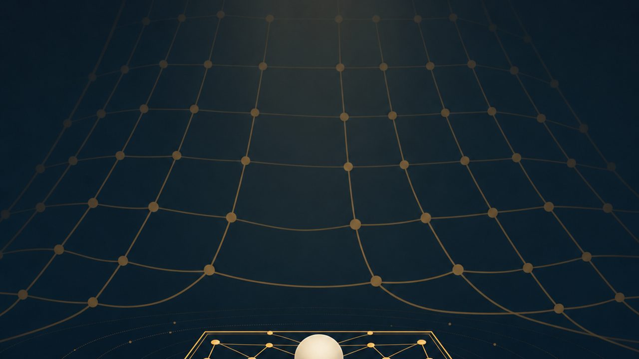 A calm lattice of amber lines and cream dots inside a thin frame in the crisp foreground, a heavier net of lines looming dimmed in the background above it.