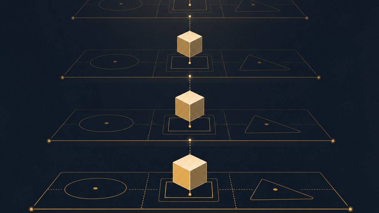 Four stacked platform shelves in thin amber outline, a block being lowered into place on each at the same moment, a shared timeline running beneath, deeper shelves dimmed into atmospheric depth.