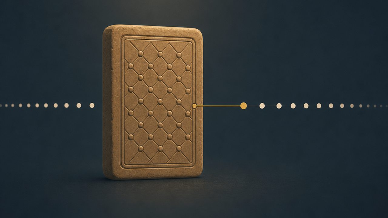 A sealed rectangular clay tablet standing upright, its face embossed with an ordered lattice of small circles and thin seal lines, connected by an amber line to a roster of dots receding into depth, one dot highlighted in amber.