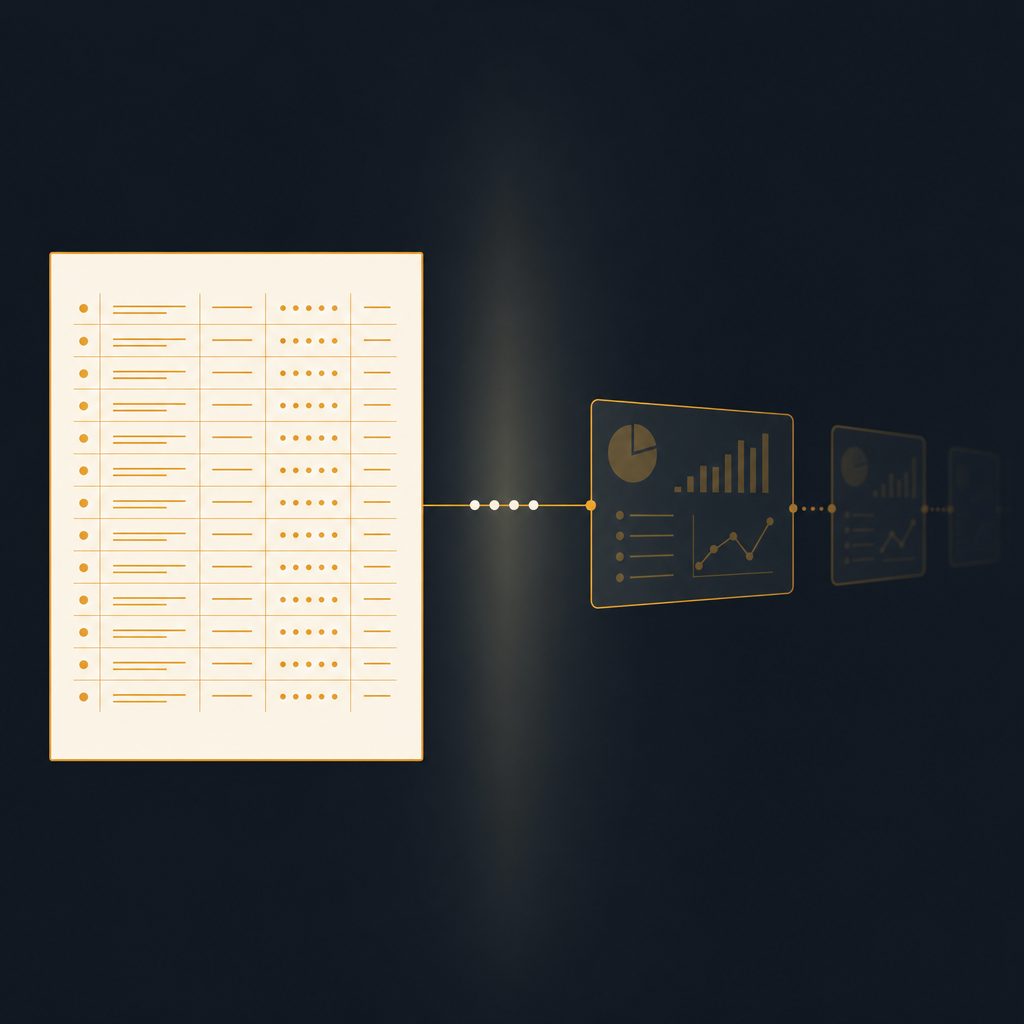A crisp amber-bordered data sheet with tidy rows of amber lines and dots, one thin line running right to a dimmed, receding screen rectangle and beyond it ghosted screens fading into haze — the dataset in the foreground, the dashboards left behind.