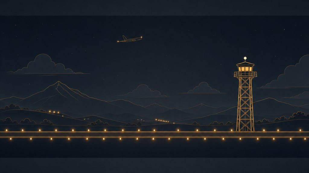 A bamboo lattice control tower with a single dot operator beside a runway edged with small fire dots, while a faint amber-line airplane passes far overhead in the haze — the ritual below, the landing that never comes above.