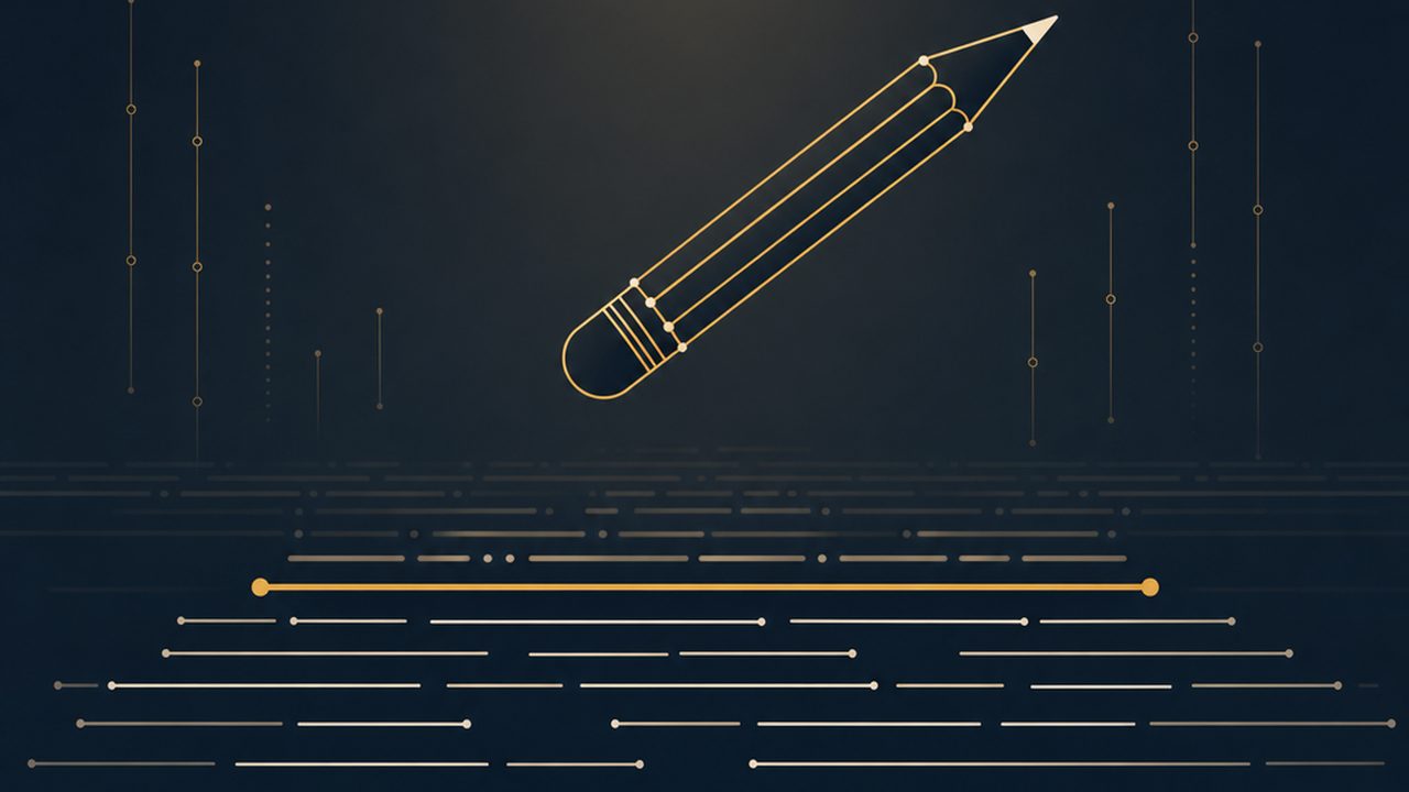 Rows of dim cream code-line segments with one row underlined in crisp amber, a pencil-shaped line resting idle above the field.
