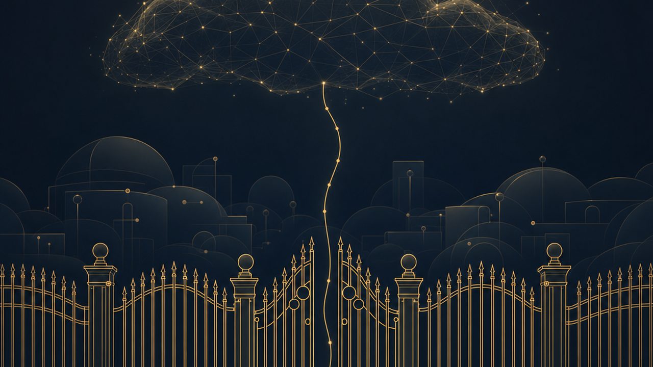 Guarded gate outlines of thin amber lines along the crisp foreground, an unguarded cloud of lines faint in the background above, a single thread passing from the cloud through one gate.
