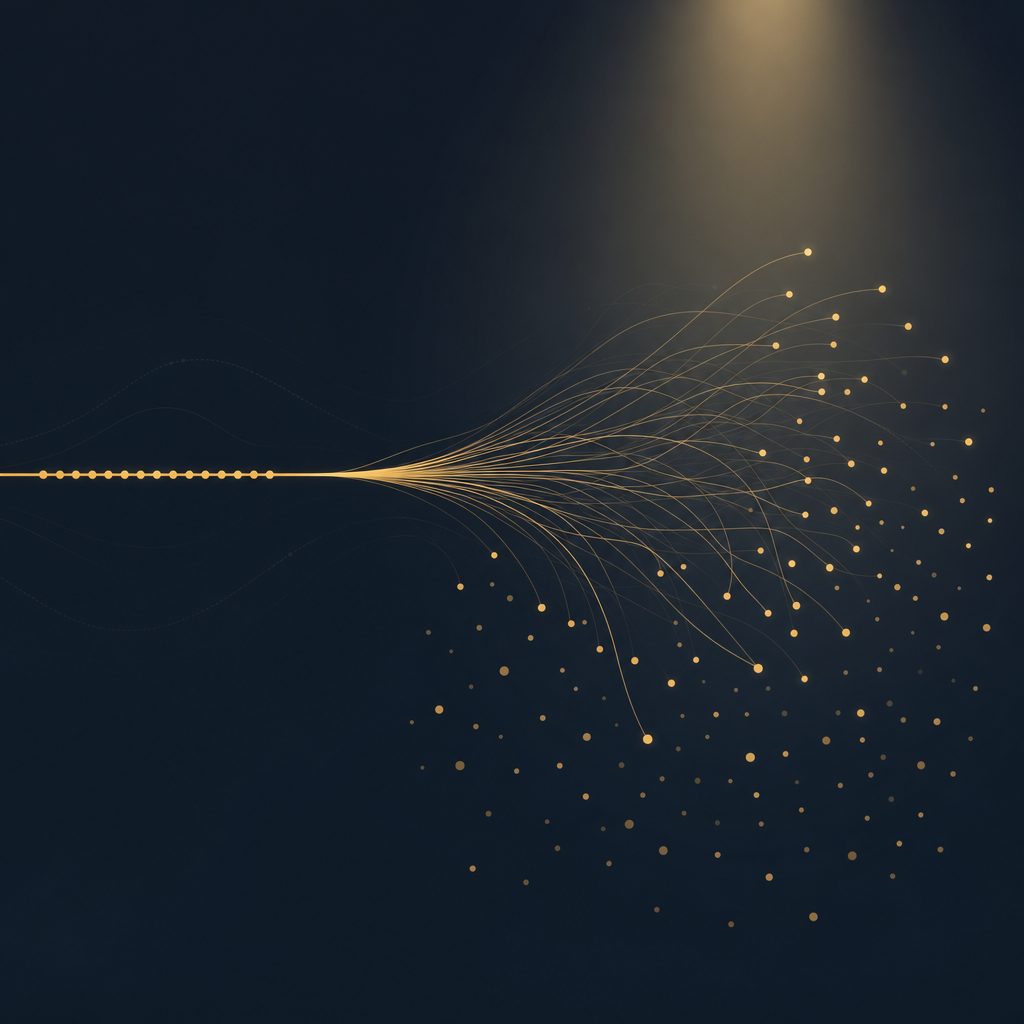 A dark charcoal field crossed by thin amber reasoning-effort bands. Dense amber spike clusters rise from the middle and lower bands while the highest band is nearly empty — the model that thinks hardest lands short of the one that thinks less.