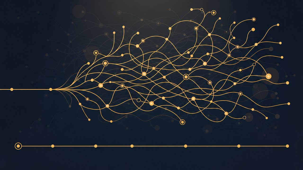 One amber line splitting into a loud branching tangle of threads in the foreground while a second quiet line continues straight beneath, a faint echo of the tangle dimming into the background.