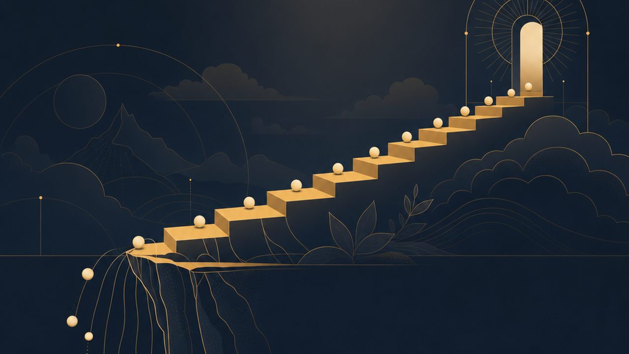 A stepped amber staircase rising left to right under a soft light gradient; on the upper steps a row of cream dots walks in order, on the lower steps dots drift off a cliff edge with thin threads trailing into the dark.