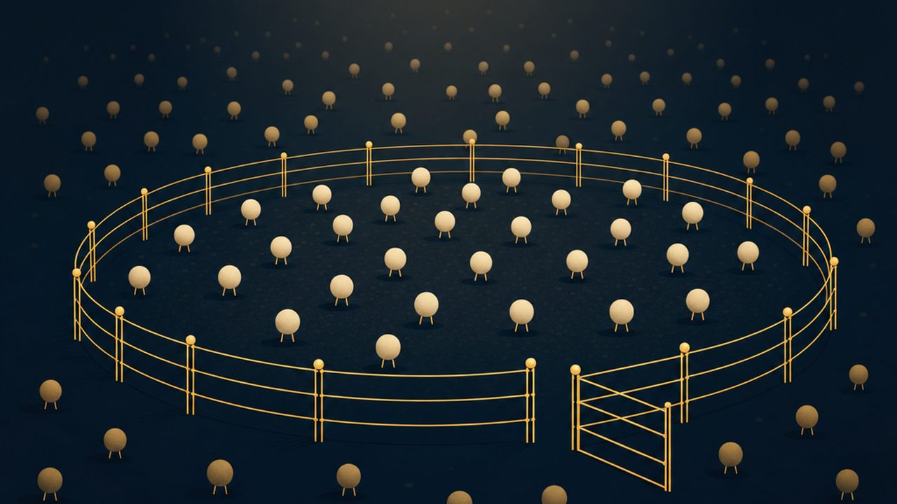 A corral of thin amber lines holding calm cream dots in the crisp foreground, a loose swarm of dots drifting beyond the fence into atmospheric depth, gate ajar.