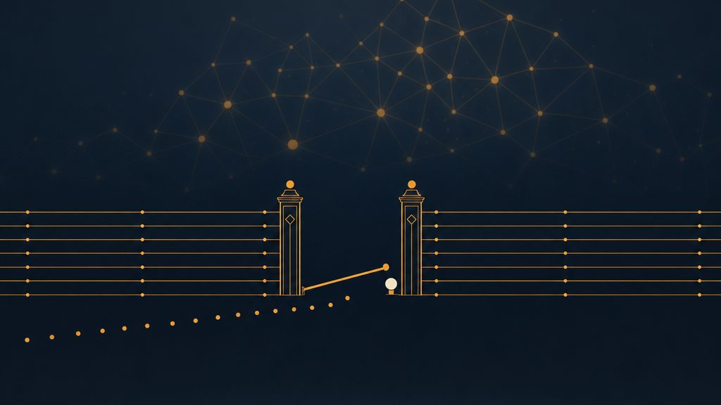 A small round sentinel dot stands beside a narrow amber gate in a long wall of thin amber lines, calmly checking a stream of incoming dots; far behind the wall, a large soft-lit constellation of connected dots thinks in the haze — the guard at the door, the genius at work deeper in.