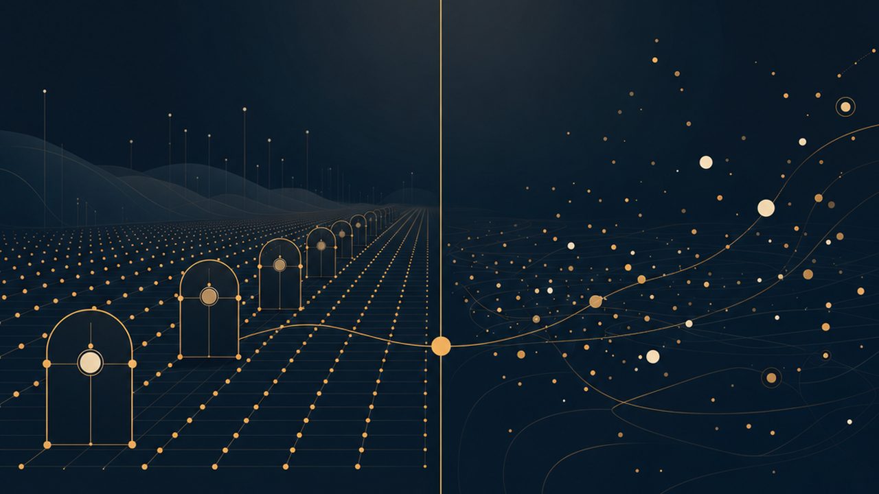 A dark field split by a vertical amber line: orderly gated rows of dots on the left, a loose drifting cloud of dots on the right with one thread escaping across the divide.