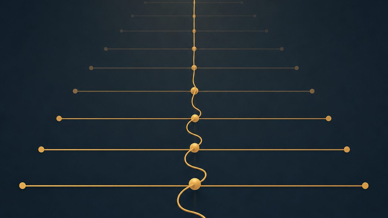 A single amber thread running down through a stack of horizontal revision lines with dot terminals, week ticks along the bottom edge, earlier revisions fading into the background.