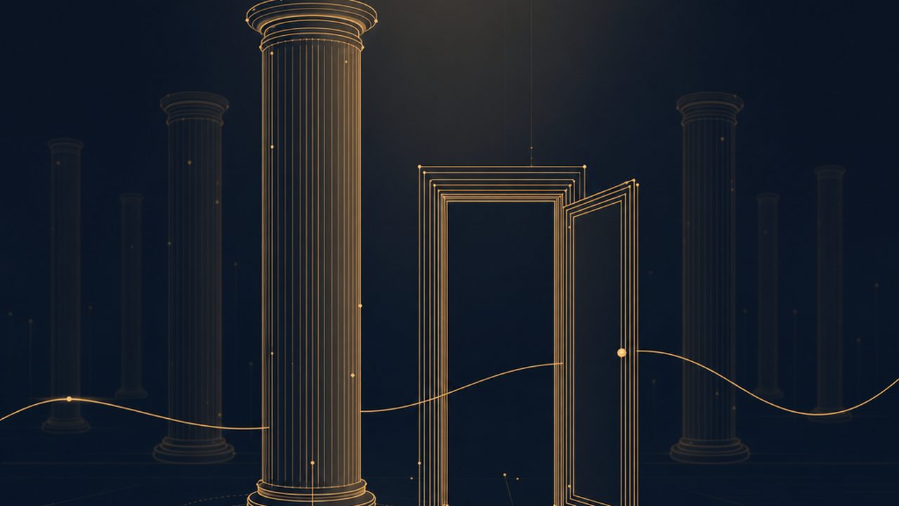 A tall column of stacked amber lines with gentle shading, a single dot standing at its base, beside an open doorway outline with one thread passing through; faint further columns recede behind.