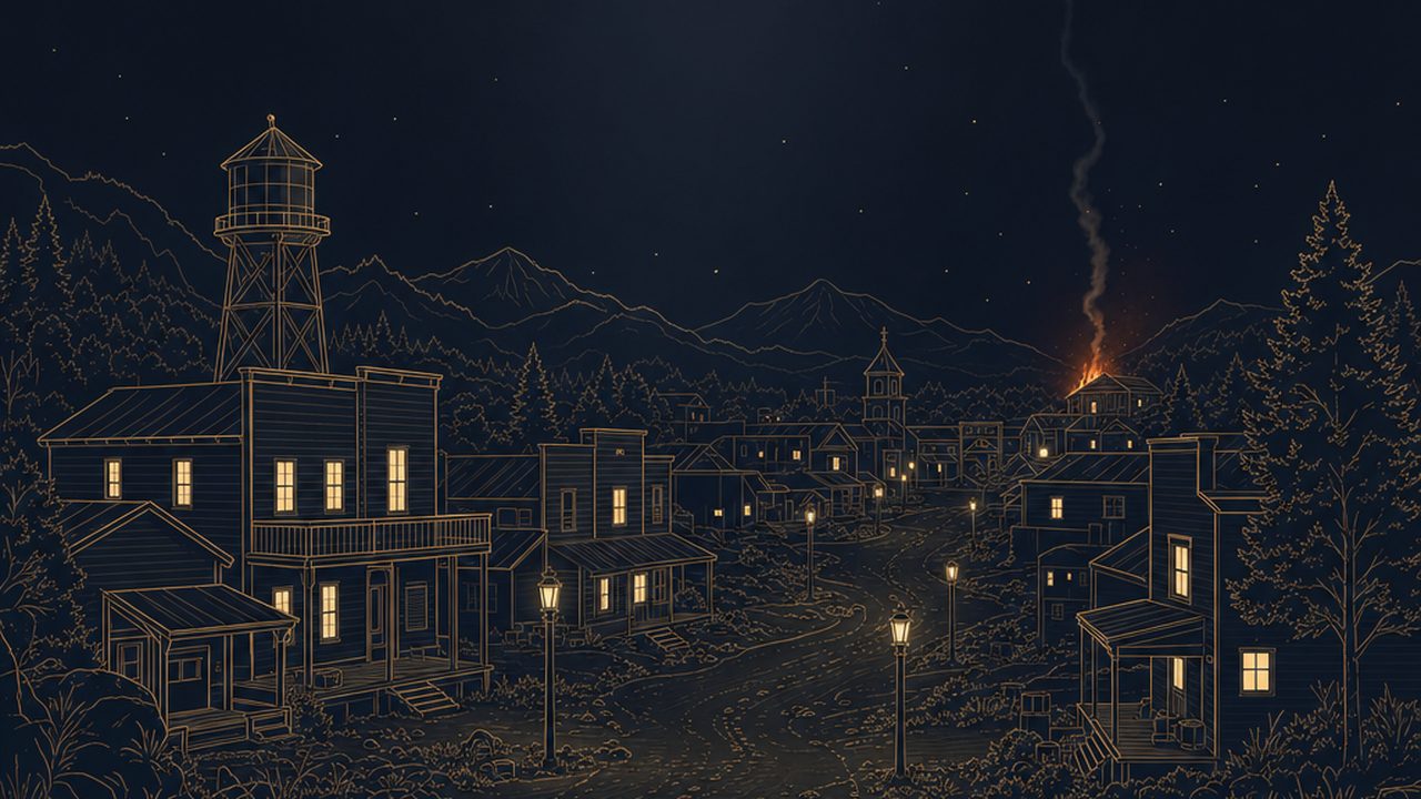 A prosperous frontier town rendered in thin amber lines at night, one building ablaze at its edge with a single thread of smoke rising into a dark charcoal sky — a demonstration that quietly burned down while the story about it kept circulating.